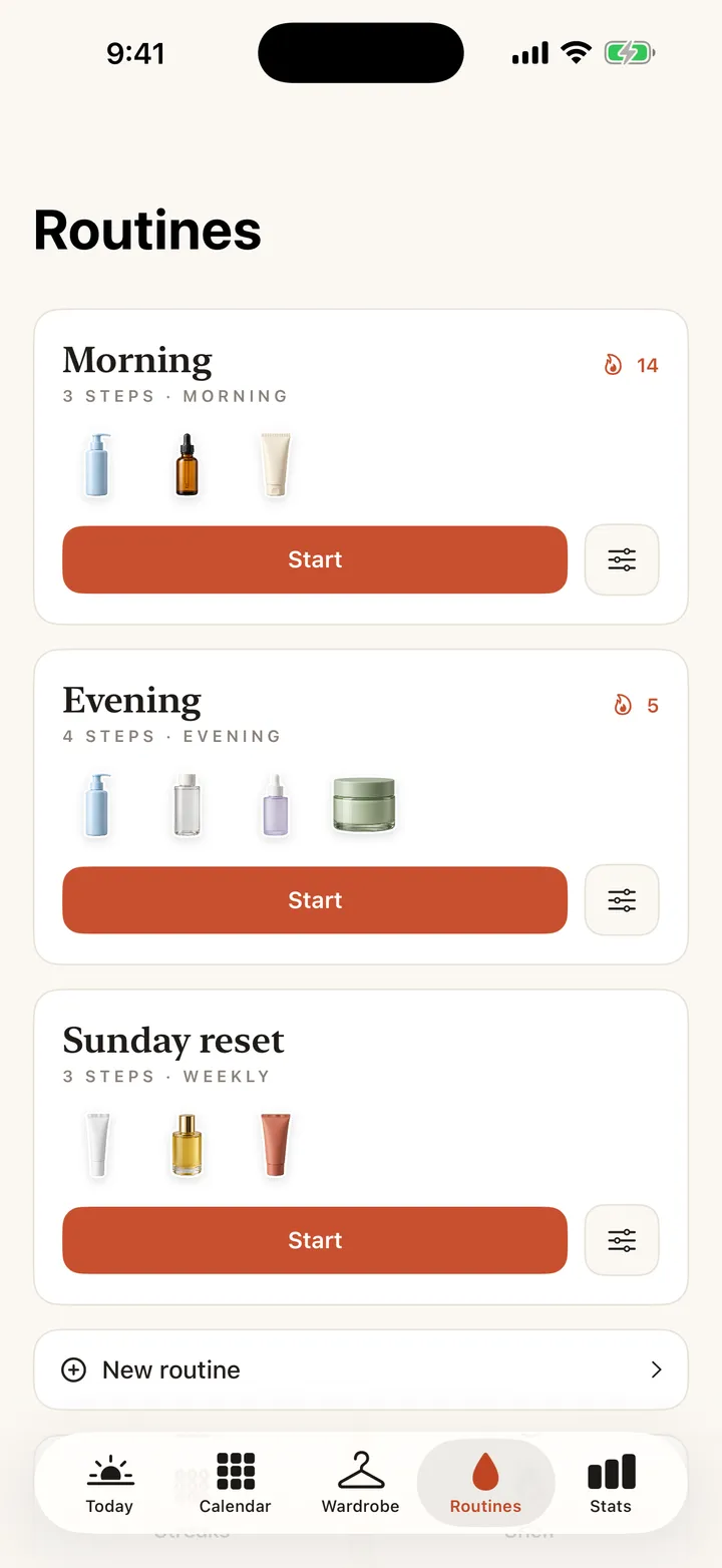 Routines: morning, evening and a weekly Sunday reset, each with its products and a streak