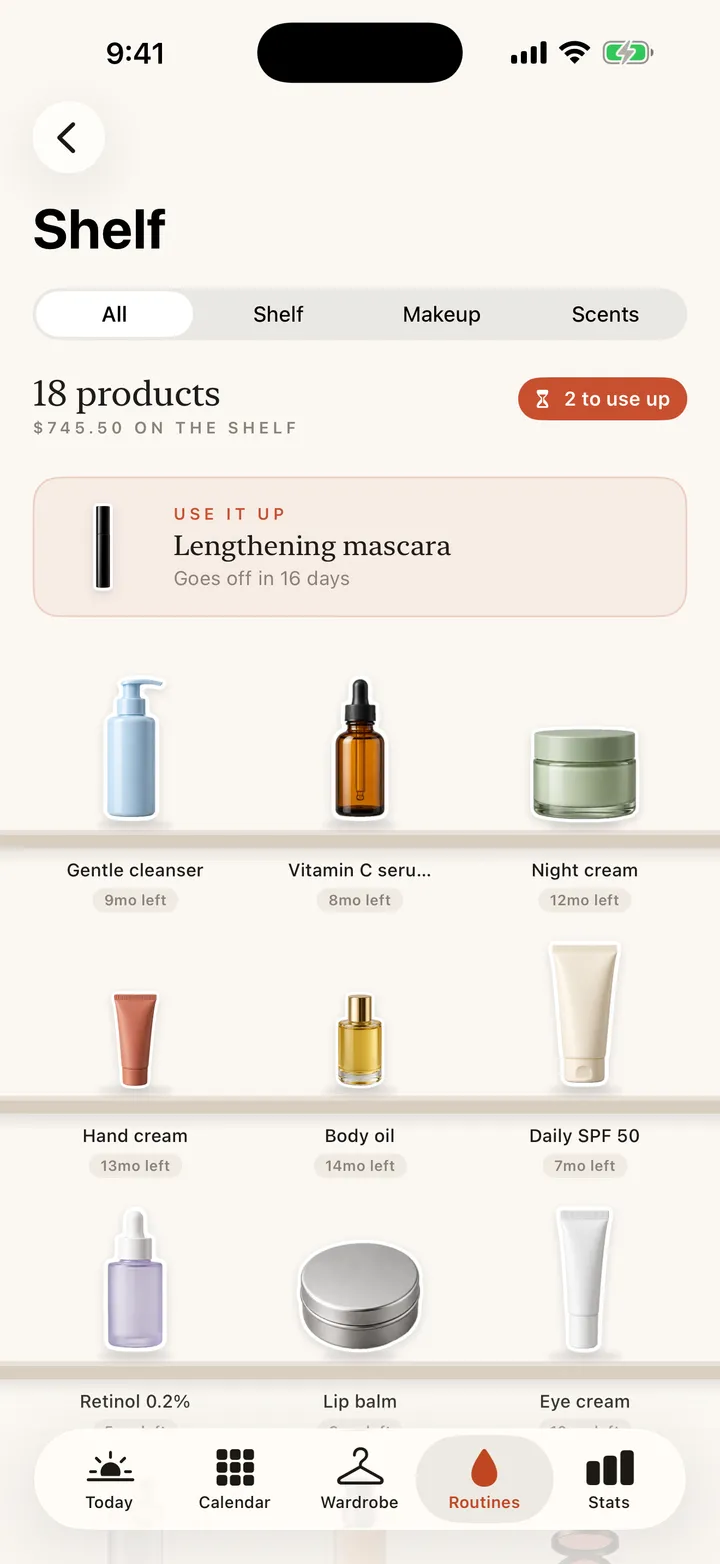 The shelf of skincare and makeup products with open-date countdowns
