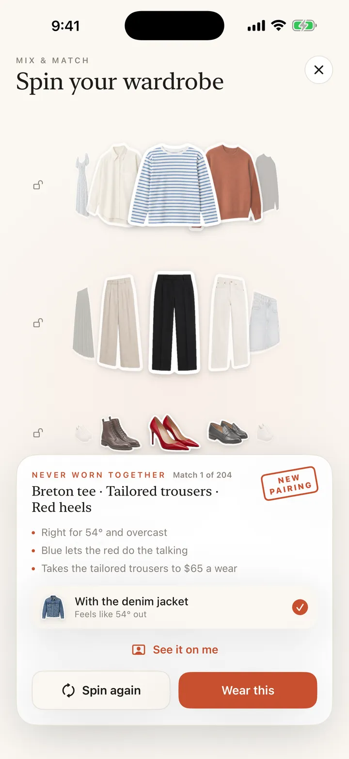 Spin: three racks of clothes land on a poplin shirt, tailored trousers and red heels, marked as a never-worn-together pairing