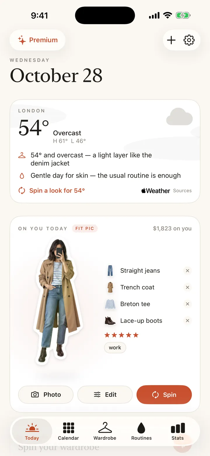 Fitspin’s Today screen: the weather, a skincare note and today’s outfit picked from your closet