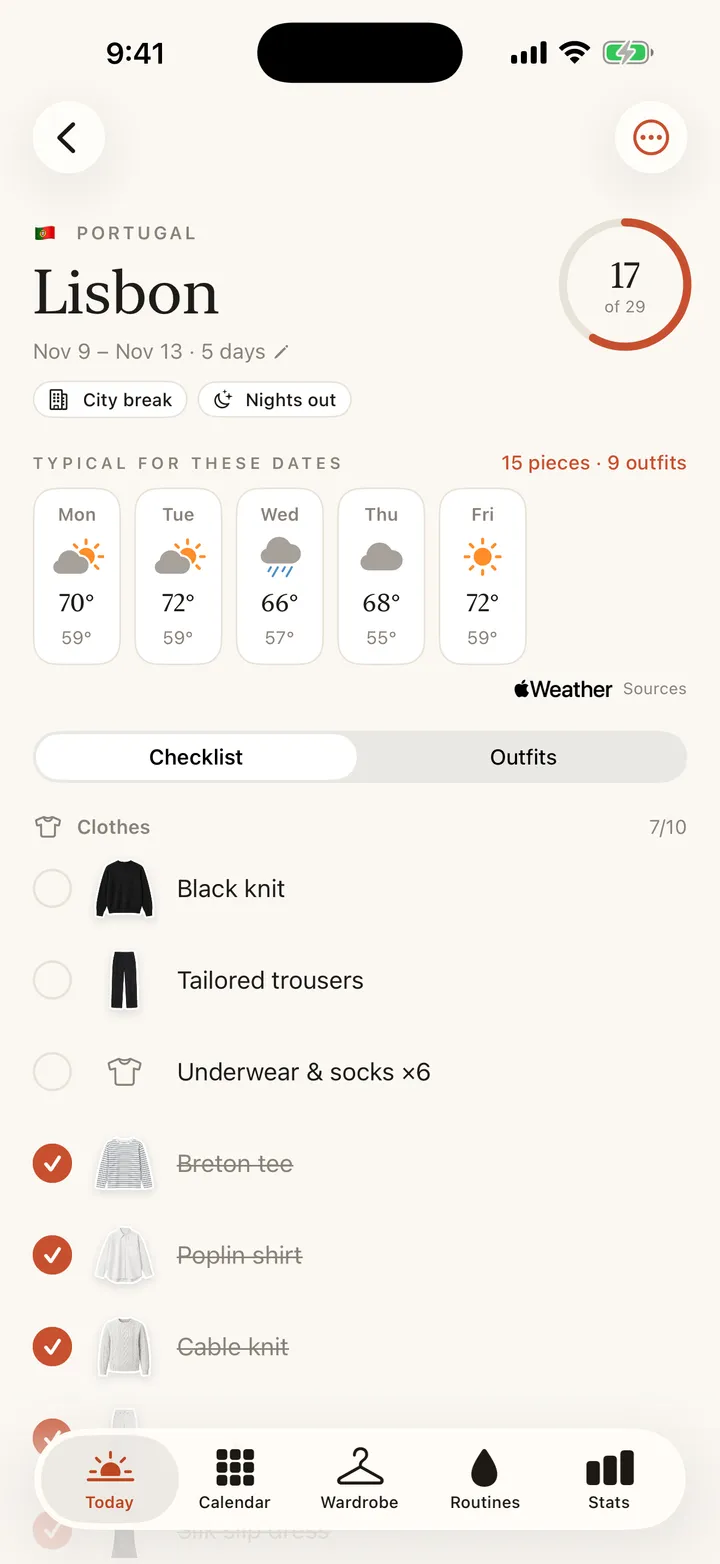 A trip to Lisbon with the forecast for each day and a packing checklist