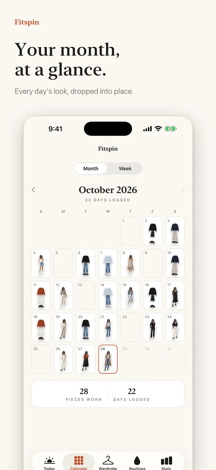 Your month, at a glance. Every day’s look, dropped into place.