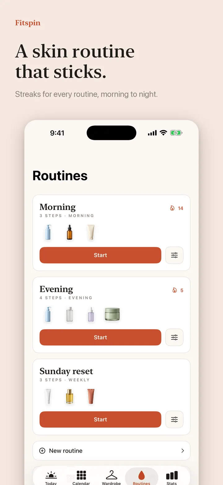 A skin routine that sticks. Streaks for every routine, morning to night.
