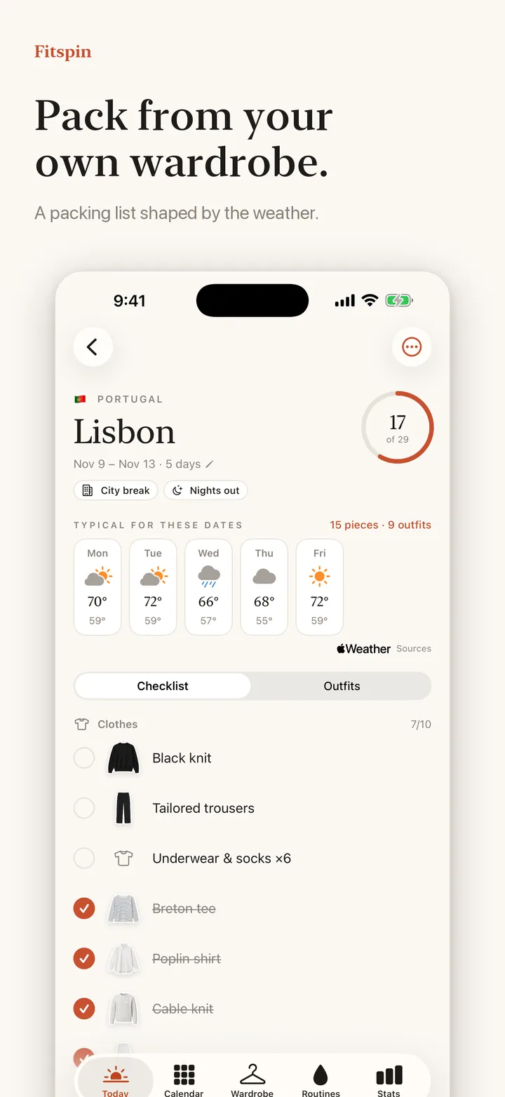 Pack from your own wardrobe. A packing list shaped by the weather.